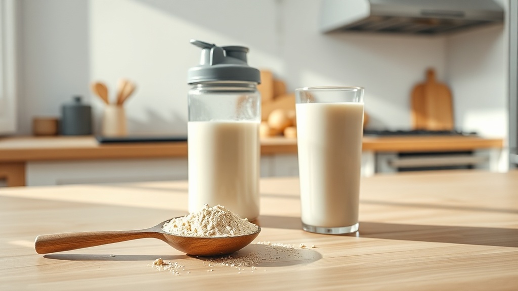 Dose de protéine en poudre à côté d'un shaker sur un plan de travail