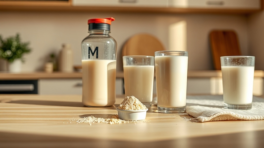 Dose de protéine en poudre à côté d'un shaker sur un plan de travail